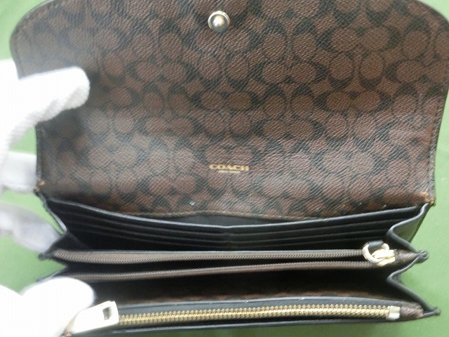 【良品】コーチ  スリムエンベローブ  長財布  フロングウォレット  黒 ミニシグネクチャー  レザー
