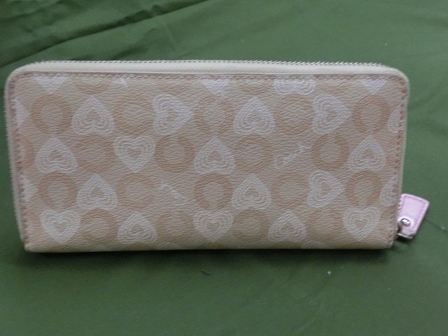 【良品】コーチ COACH 長財布 ウォレット ラウンドファスナー PVC オプアート ハート ロゴ ベージュ